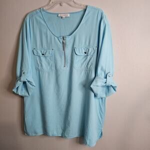 Emily Daniels Women's XL Blouse, Aqua Woven Linen Blend 3/4 Roll-tab Sleeves